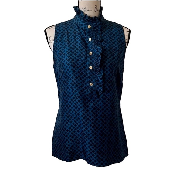 Tory Burch Tops - Tory Burch 100% Silk Sleeveless Black & Blue ruffle blouse 10